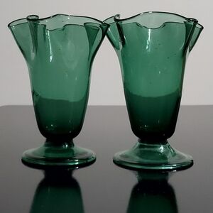 2 Mid-Century 6" Bichoff ? Murano ? Ruffled Top Green Vases